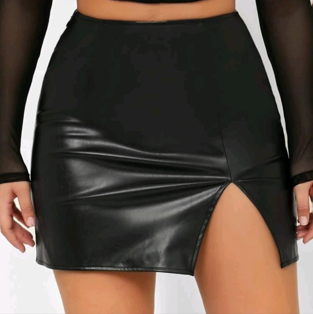 Split Thigh PU Leather Mini Skirt